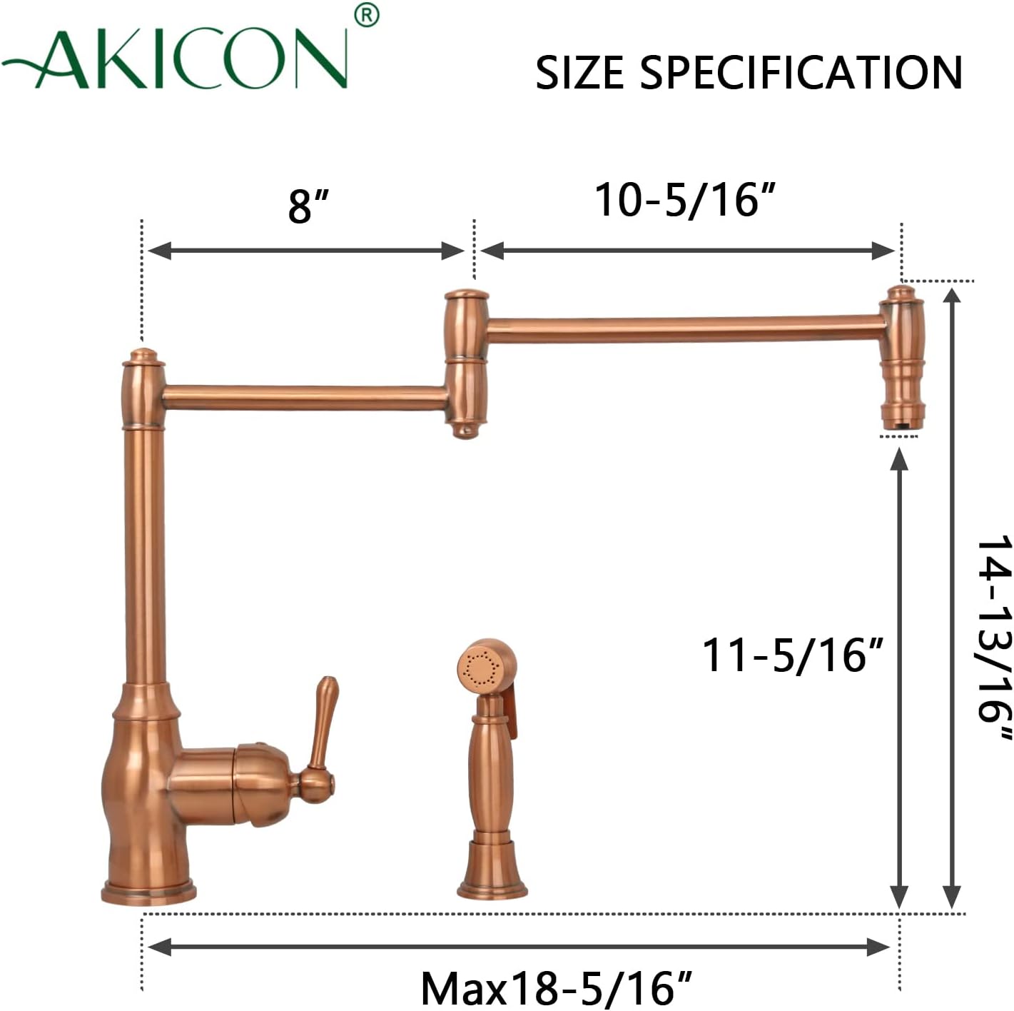 One-Handle Copper Kitchen Pot Filler Faucet with Side Spray
