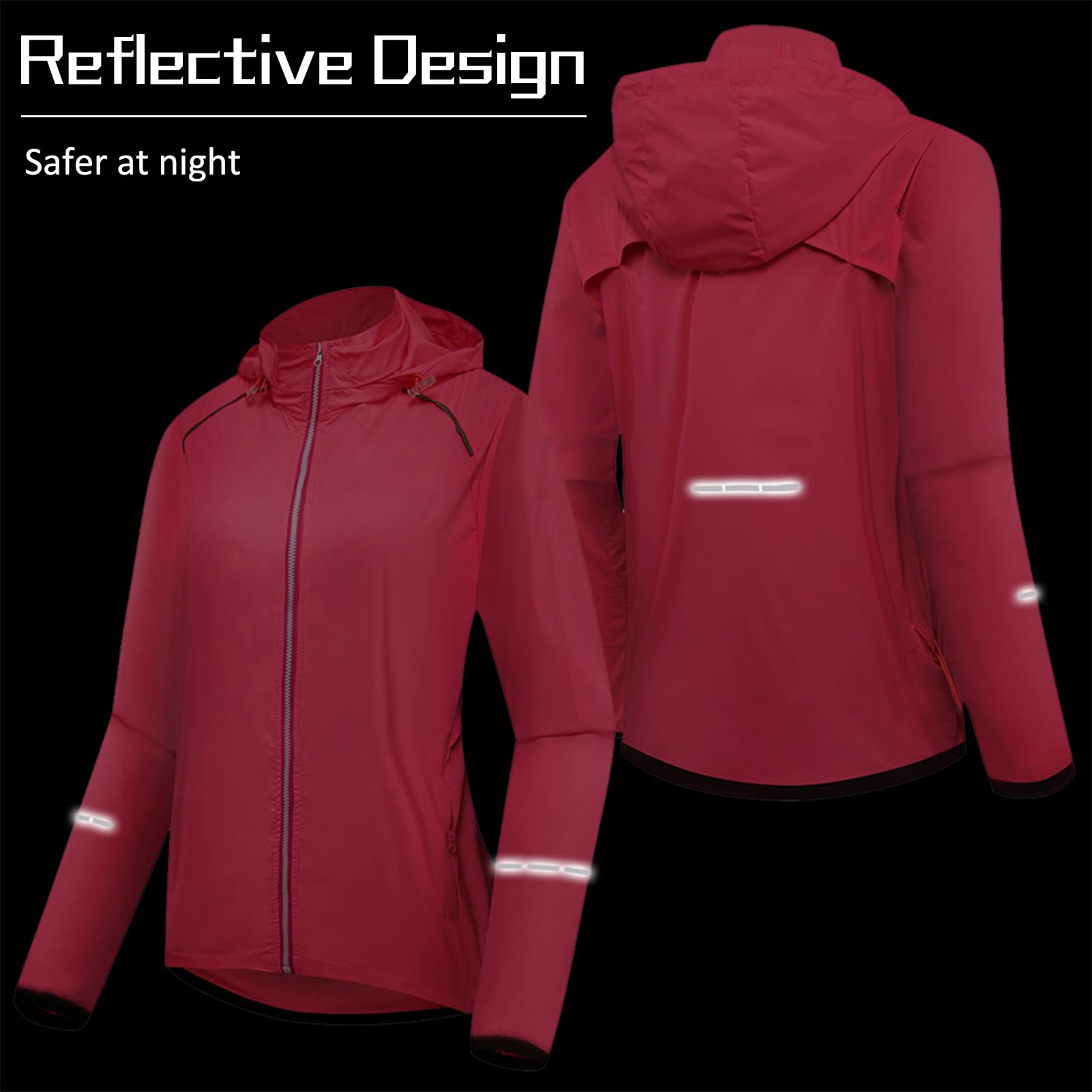 Giacca da Ciclismo Donna Impermeabile Traspirante Giacca Antipioggia Sottile Cappotto da Bici con Cappuccio Riflettente Antivento Ripiegabile Giacca a Vento da Esterno