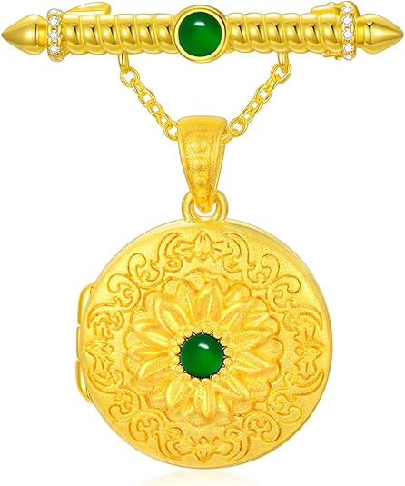 SOULMEET Personalized 10K 14K 18K Gold/Plated Gold Round Emerald Locket Picture Brooch Natural Gemstone Emerald Locket Charm Custom Fine Jewelry Gift for Wome Men