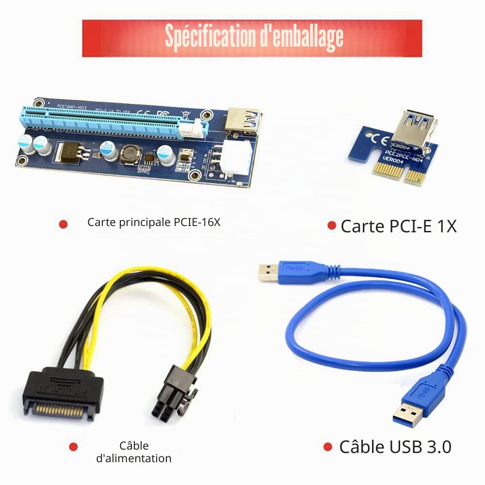 JSER Adaptateur d'extension PCI-E 1x vers 16x pour Machine minière avec USB 3.0 et câble d'alimentation 6 Broches