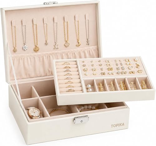 TopikaHome - PU Leather Jewelry Organizer Box, 2 Layer Jewelry Box Storage
