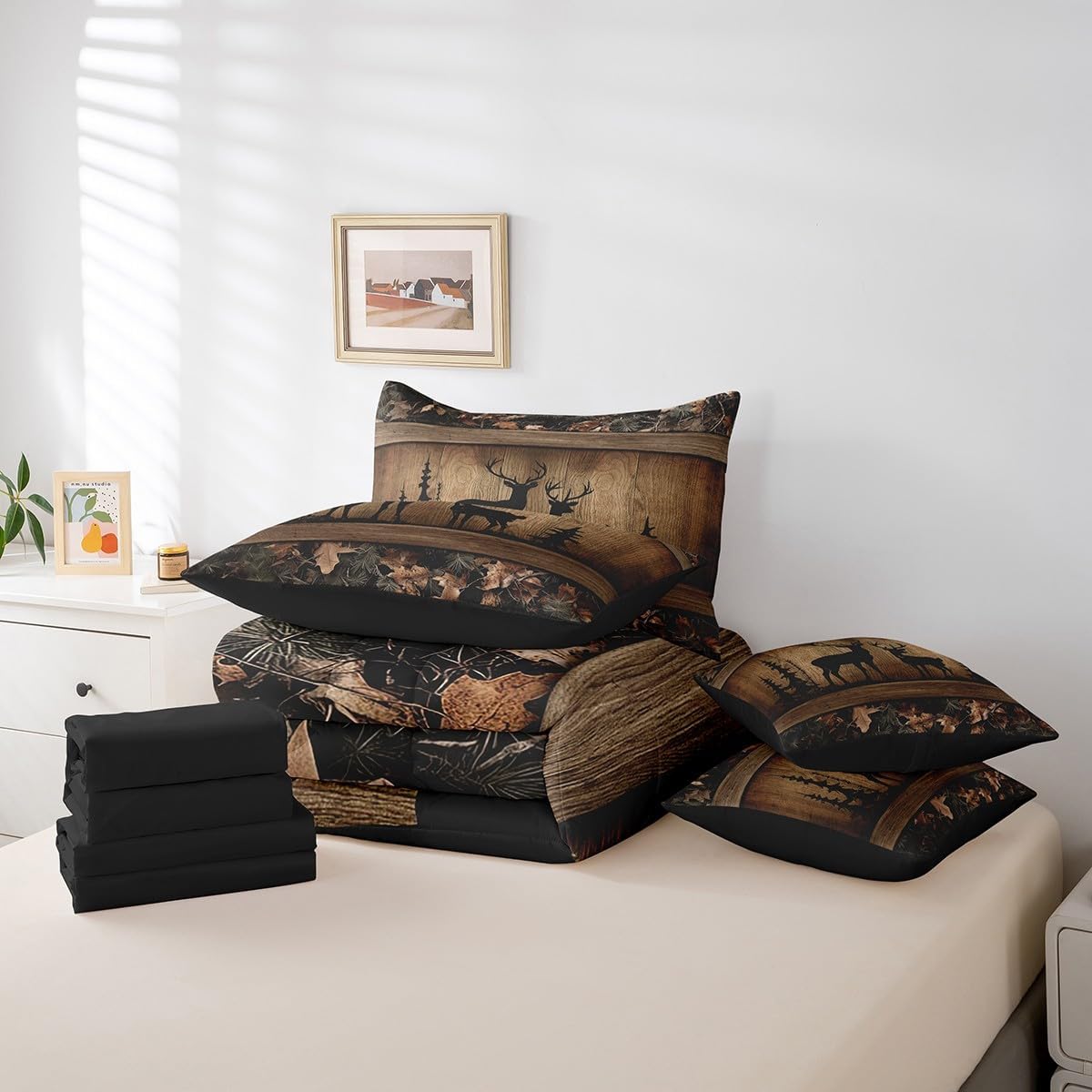 Erosebridal Rustic Cabin Bedding Sets 7 Piece Camo Hunting Deer Comforter Set King Farmhouse Woodland Animal Bed in A Bag for Kids Boys Teen Men,Tree Camouflage Wildlife Sheet Set with Comforter