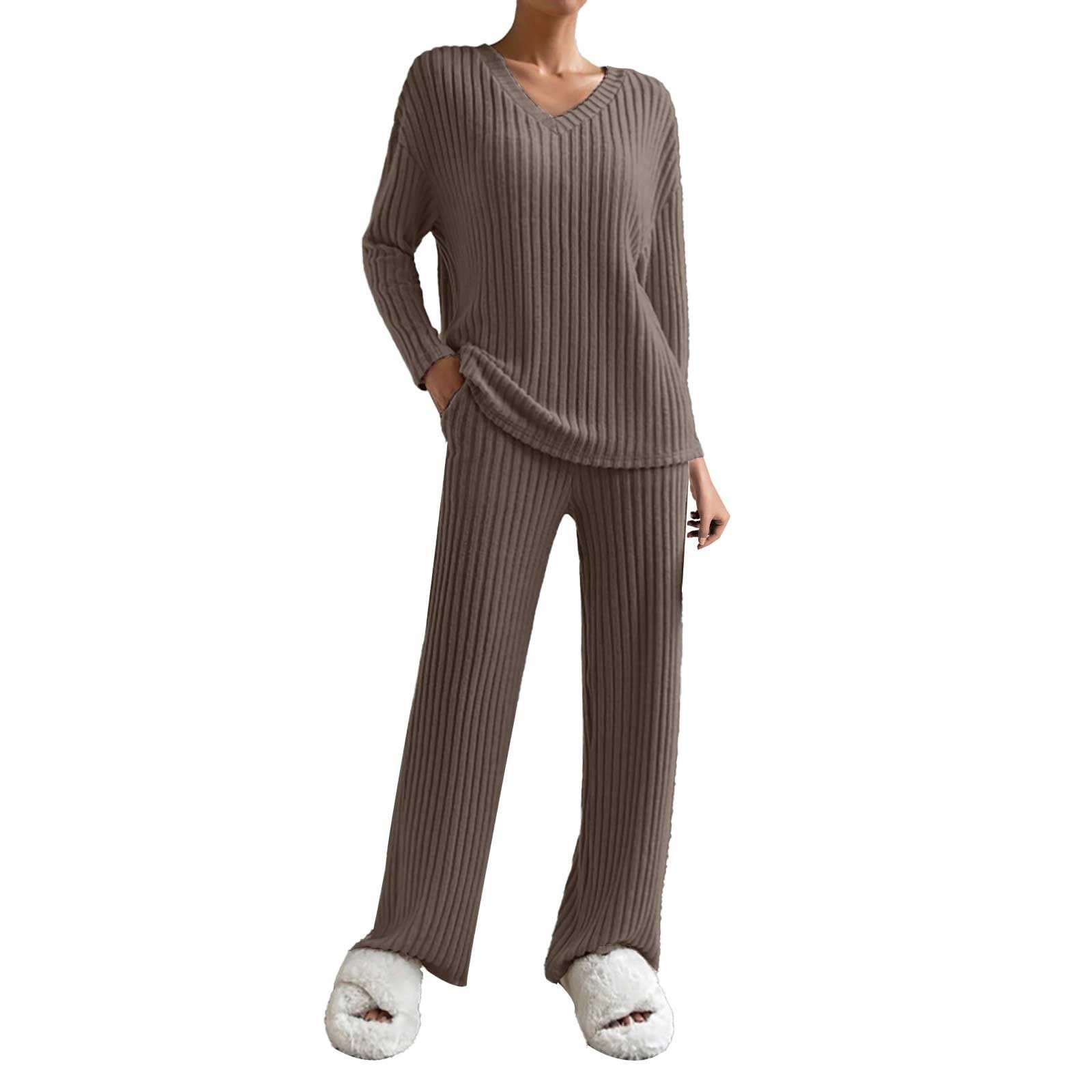Set da 2 pezzi, da donna, invernale, lavorato a maglia, elegante | Tuta da casa con scollo a V, a maniche lunghe, a costine, morbida, per il tempo libero, biancheria da notte