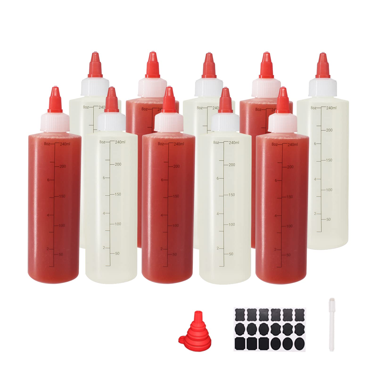 Belinlen 10 Pack 8 oz Graduated Plastic Squeeze Squirt Condiment Bottles with Red Twist On Cap Lids - for Condiments, Oil, Icing, Liquids–with Extra 1