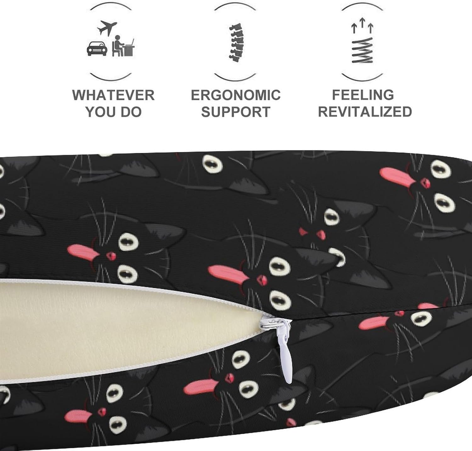 Black Cat Travel Pillow U Shape Neck Pillow Washable Pillowcase for Sleeping Chair
