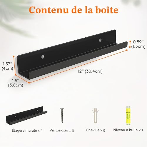 Lifewit Étagères Flottantes pour Disques Vinyles, Lot de 4 Étagères Murales en Acrylique Noir 30 cm, Décoration pour Livres/Photos/Maquillage, Chambre, Salon, Salle de Bain, Rangement et Organisation - 7