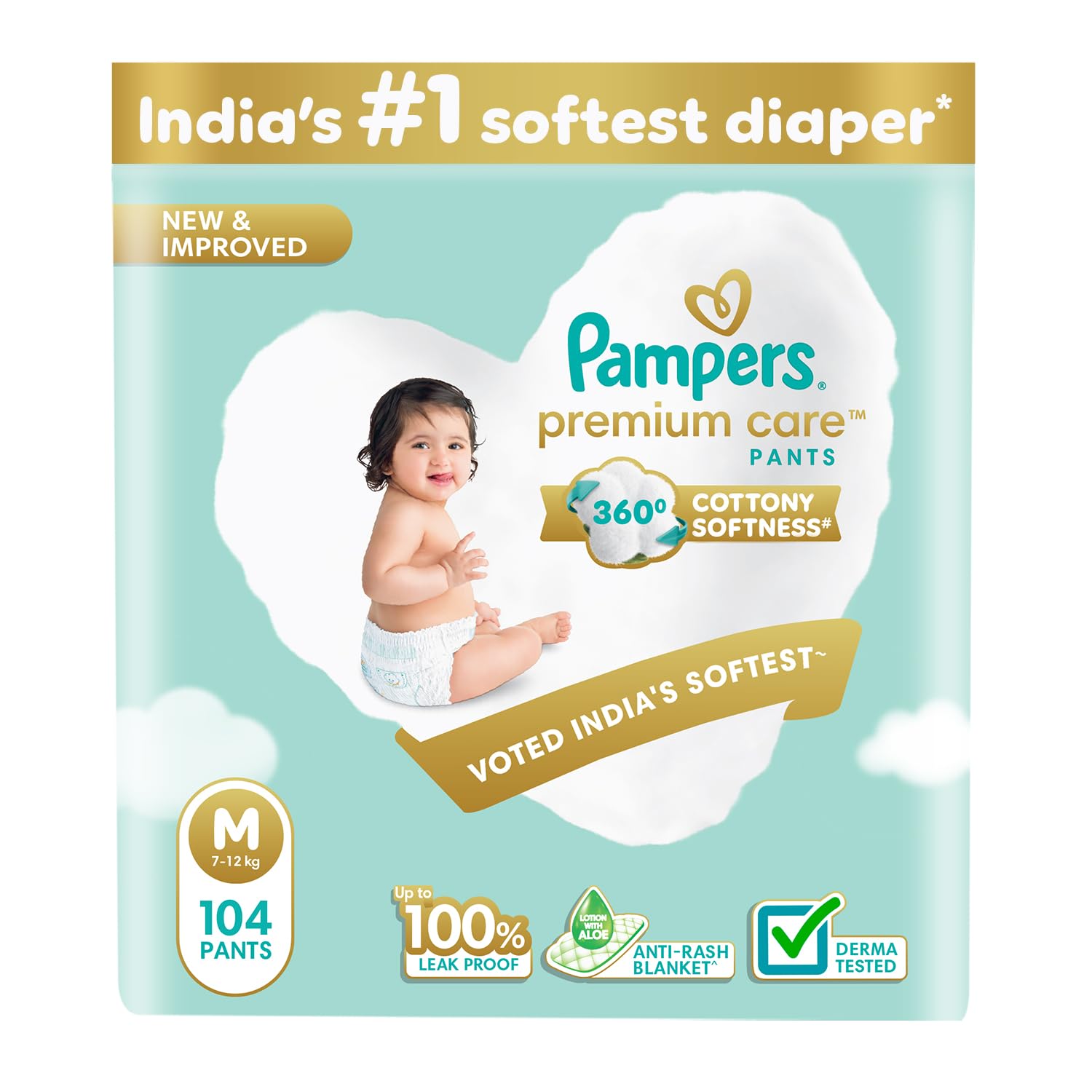 Pampers Premium Care Pant Style Baby Diapers | Medium (M size) | 104 Count | Voted India's Softest | All-in-1 with 360 Cottony Softness Diapers | 7-12kg