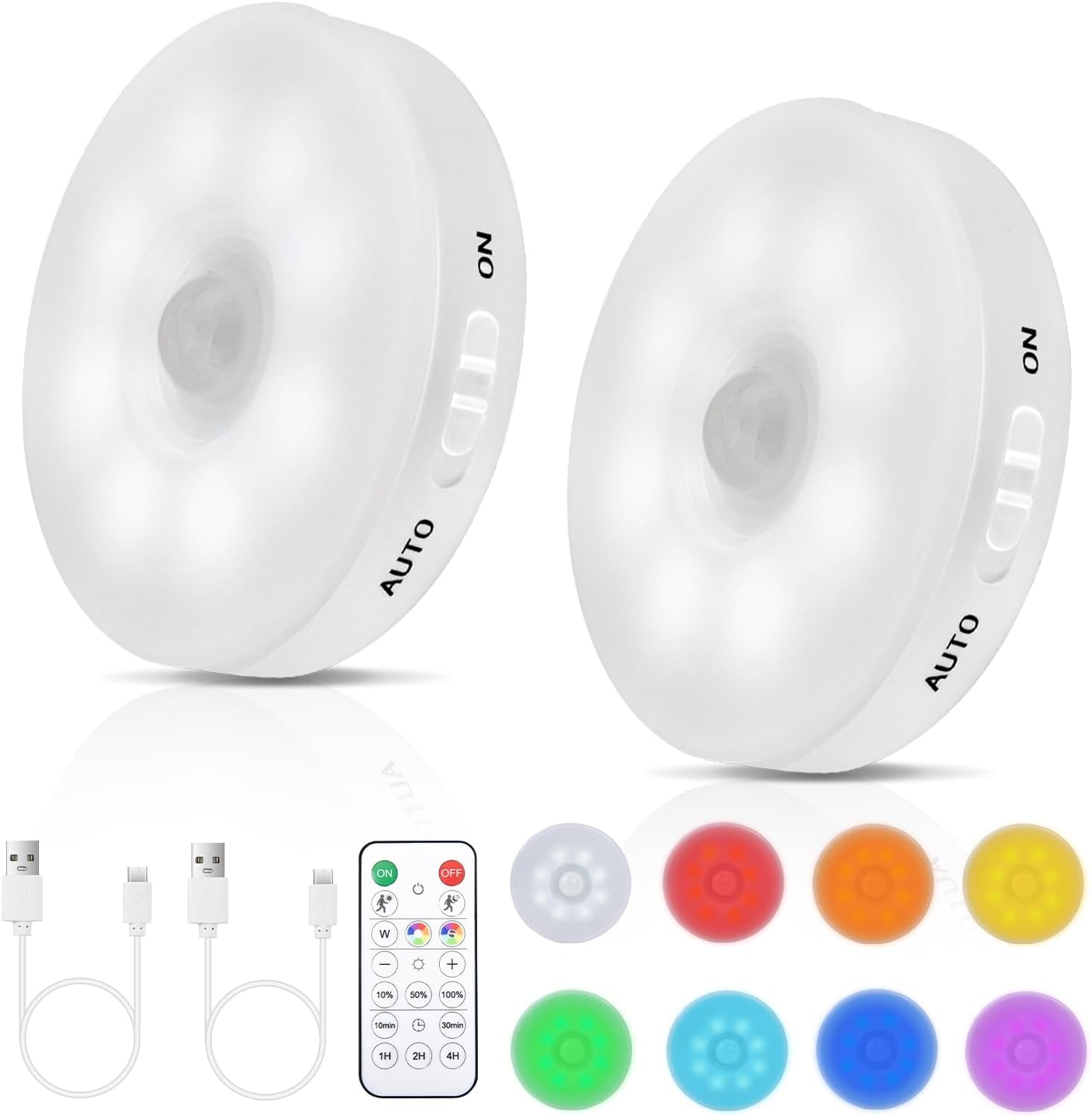RGB LED Rechargeable Motion Sensor Light Indoor with Remote, Long-Lasting Battery, Bright & Dimmable, Stick-On Puck Night Light for Closet, Cabinet, Kitchen, Stairs, Shelves - Cool & RGB 2Pack