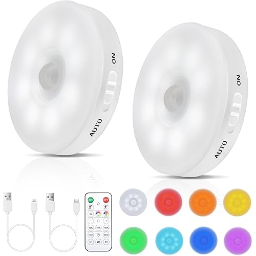 RGB LED Rechargeable Motion Sensor Light Indoor with Remote, Long-Lasting Battery, Bright & Dimmable, Stick-On Puck Night Light for Closet, Cabinet, Kitchen, Stairs, Shelves - Cool & RGB 2Pack