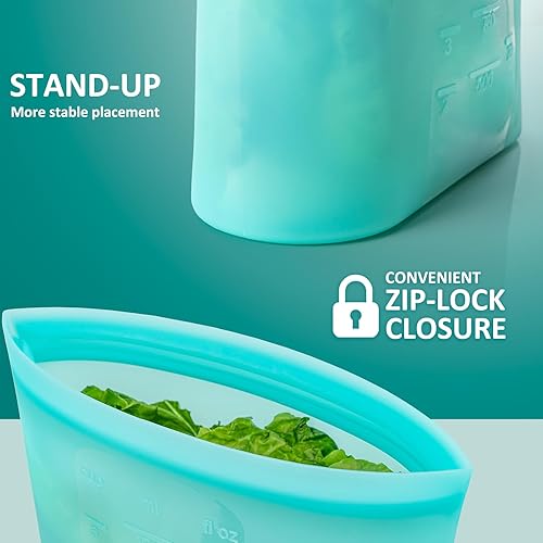 Miniatura 3 de Paquete de 8 bolsas reutilizables de silicona para almacenamiento de alimentos, 100% silicona con cierre de cremallera de apertura amplia, bolsas de