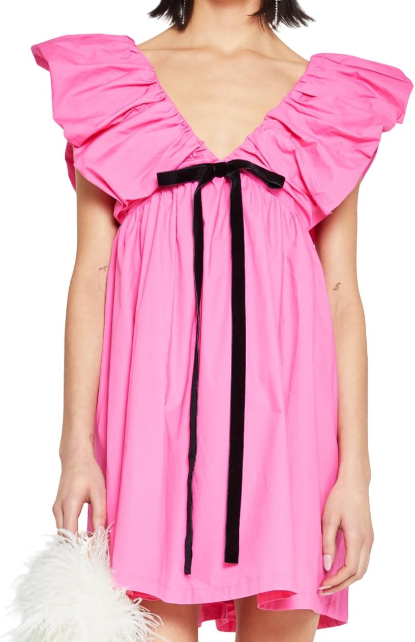 Women's Floral Bow V Neck Babydoll Mini Dress Flower Print Puffy Sleeve Boho Short Casual Loose Flowy Dresses