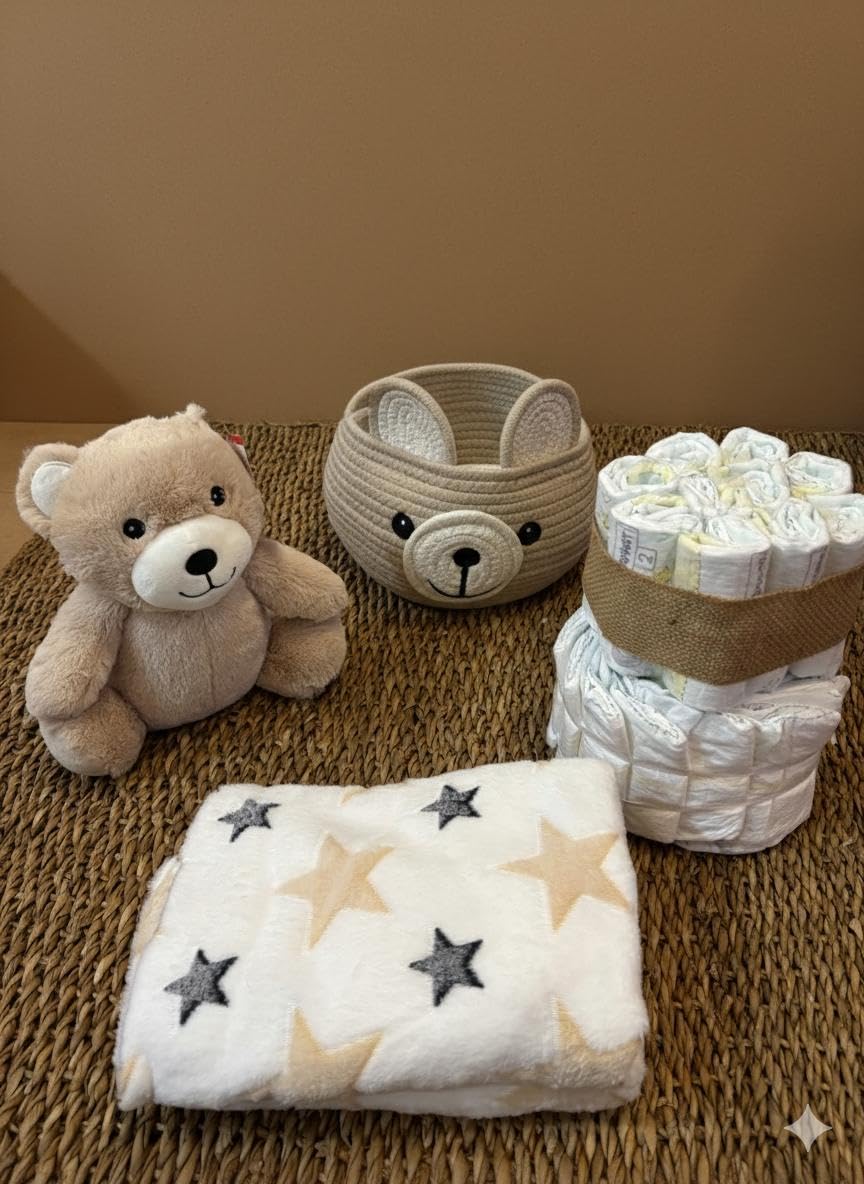Tarta Pañales para Bebé Recien Nacido con Cesta Regalo con Peluche Oso Marrón y Manta con Dedicatoria Canastilla Bebe Original Sensitive Unisex Detalle Nacimiento Baby (2 Pisos 25 Pañales Talla 2)