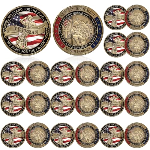 24 Pcs Military Veteran Challenge Coin United States We Stand for the Flag We Kneel for the Fallen...
