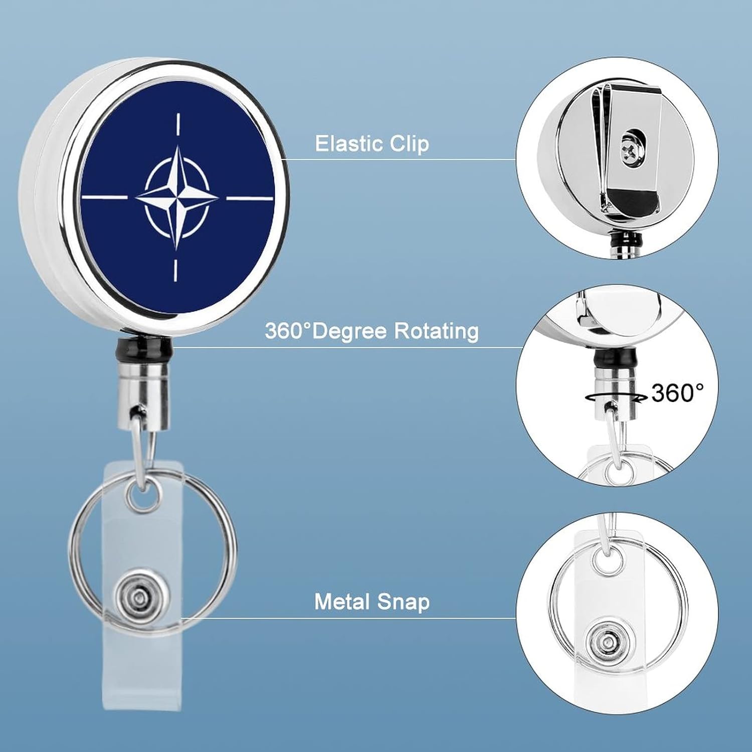 North Atlantic Treaty Organization Flag Retractable Keychain, 24.4in Retraction, Heavy Duty Badge Reel, Metal Badge Clip with Steel Cable, Key Ring and Badge Buckle