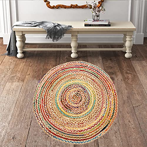Eleet Handcrafted Reversible Cotton Area Rug - 4 Ft Multicolor Hand Woven Braided Rug Rag (4 Feet Round Cotton + Jute) #TOP6