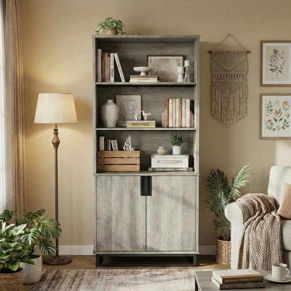 IDEALHOUSE 71" Tall 5-Tier Farmhouse Bookcase with Doors, Storage Cabinet & Adjustable Shelves, Floor Standing Display Shelf for Living Room, Bedroom, Home Office, Grey