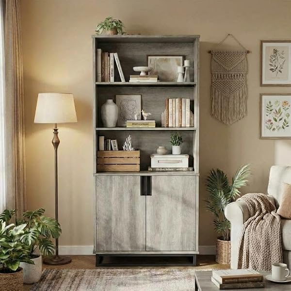IDEALHOUSE 71" Tall 5-Tier Farmhouse Bookcase with Doors, Storage Cabinet & Adjustable Shelves, Floor Standing Display Shelf for Living Room, Bedroom, Home Office, Grey