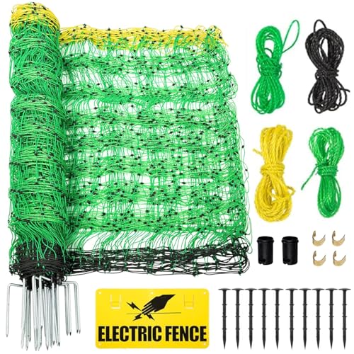 Electric Fence Netting 42.6 H x 164L Electric Anti-Predator Poultry Fence PE Net Fencing Kit with 14 Posts Double Spiked Movable Livestock Nets for Sheep Hogs Cattle and Other Big Poultry