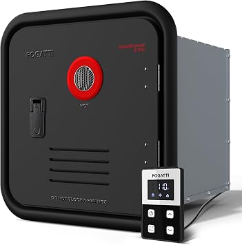 FOGATTI InstaShower 9 Pro RV Tankless Water Heater, Built-in Mixing Tank | 66,000 BTU Highest Output, 15x15 Inches Black Door, Remote Controller, Ideal for RVers Everyday Use, Gen 3