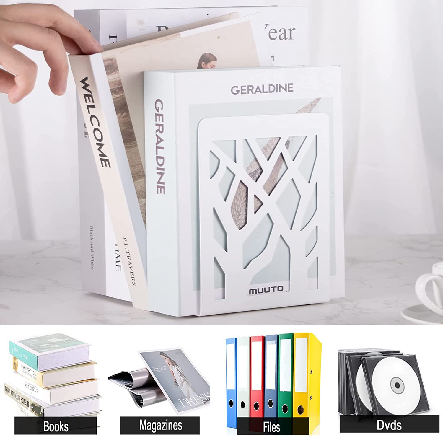 3 Pares Sujetalibros Estanteria, Sujeta Libros Metal Apoya Libros para Estanteria Soporte Libros Decorativo Tapones para Estantes de Libros para Oficina Biblioteca Hogar Escuela (Blanco)