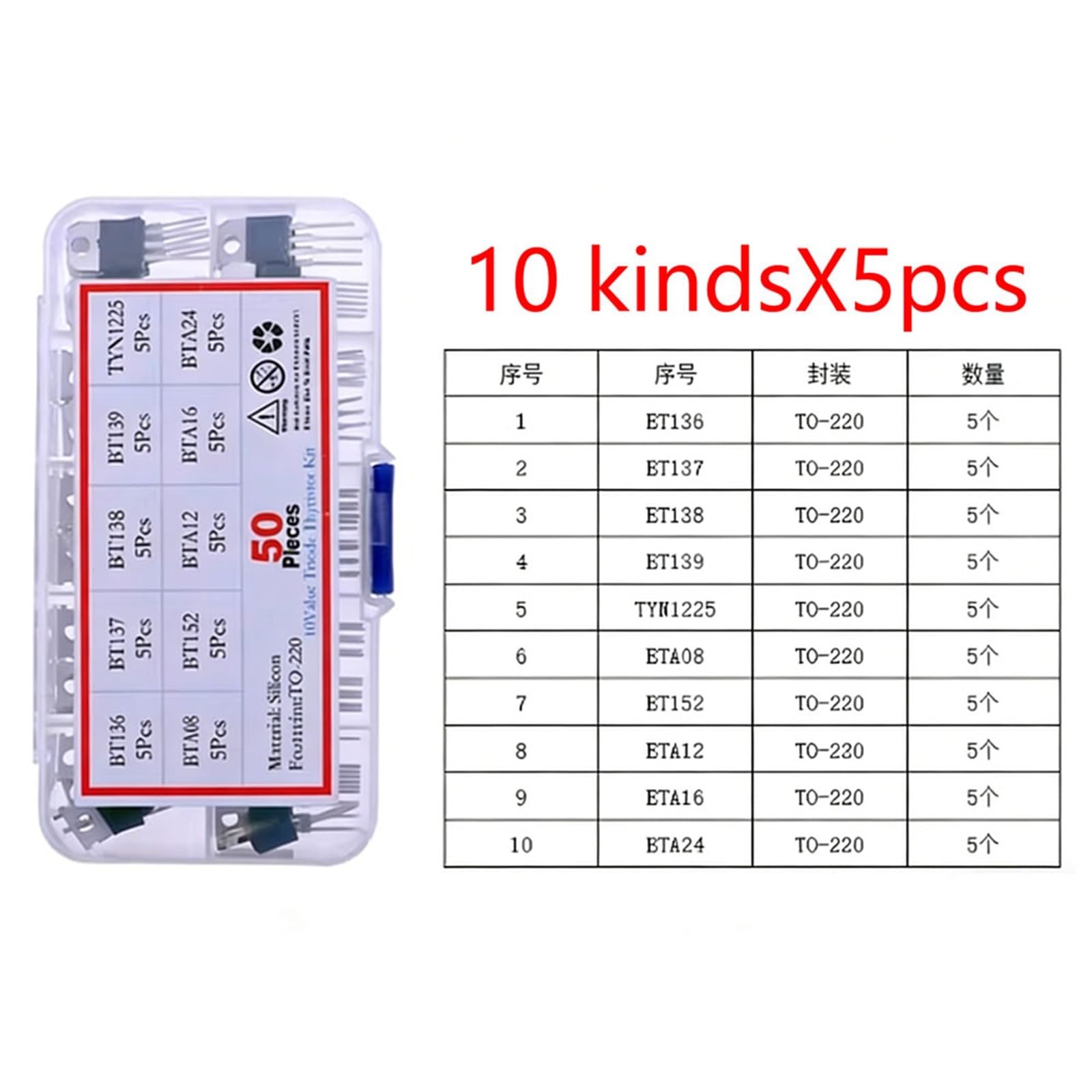 TO-92 TO-92L TO-126 TO-220 Serie Mosfet Triode Thyristor PNP NPN Transistor Sortiment Kit Box(50pcs BT136-BTA24)