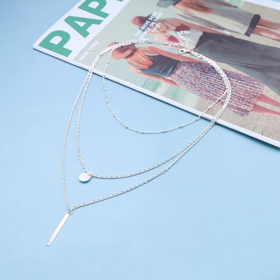 Boho Layered Bar Coin Necklace Sequins Choker Silver Round Disc Necklaces Bar Pendant Multilayer Necklace Chain Wedding Jewelry Long Necklaces for Women