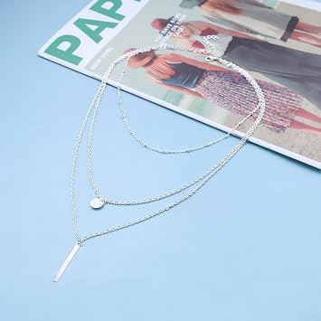 Boho Layered Bar Coin Necklace Sequins Choker Silver Round Disc Necklaces Bar Pendant Multilayer Necklace Chain Wedding Jewelry Long Necklaces for Women