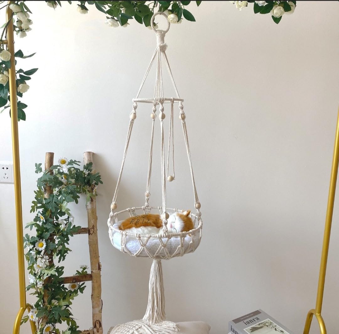 Macrame Handmade Cat Hammock,Large Hanging Cat Bed,Gift for Cat Lover, Wall Hanging Pet Hammocks Bed, Macrame Cat Swing Hanger Without Any Pillow Color: Off White-image-21