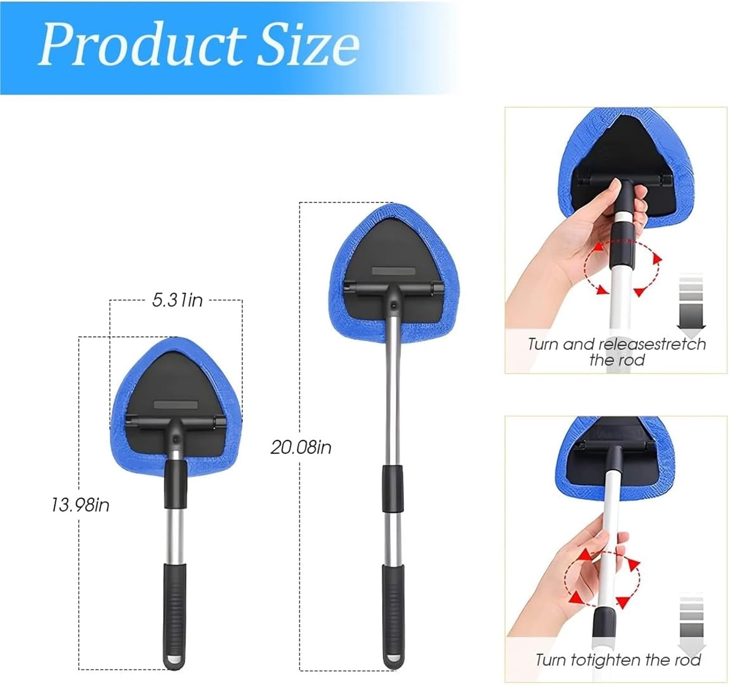 Car Windshield Cleaning Tool with Extendable Handle - Dark Blue Glass Wiper Kit with 4 Reusable Microfiber Cloths