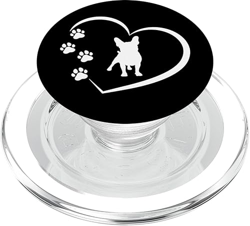Bulldog francés con huellas de patas y corazón sobre fondo negro PopSockets MagSafe PopGrip para iPhone