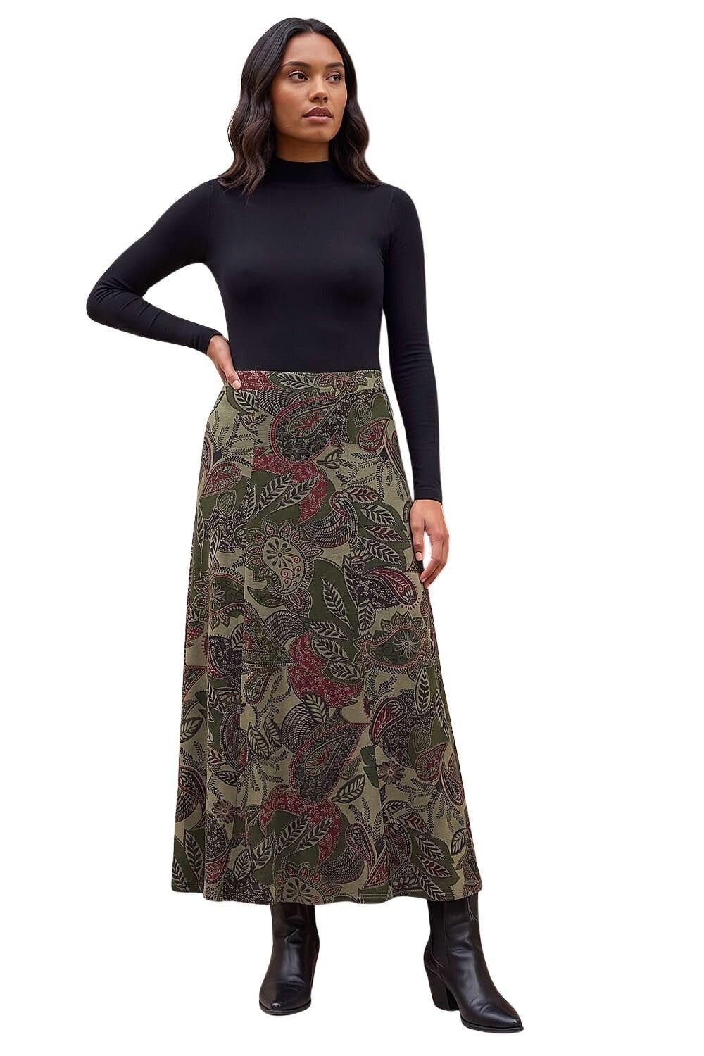 Roman Jersey Skirt for Women UK - Ladies Midi Maxi Floral Animal Print Autumn Winter Swing Smart Casual Office Cocktail Party Going Out Evening Holiday Cruise