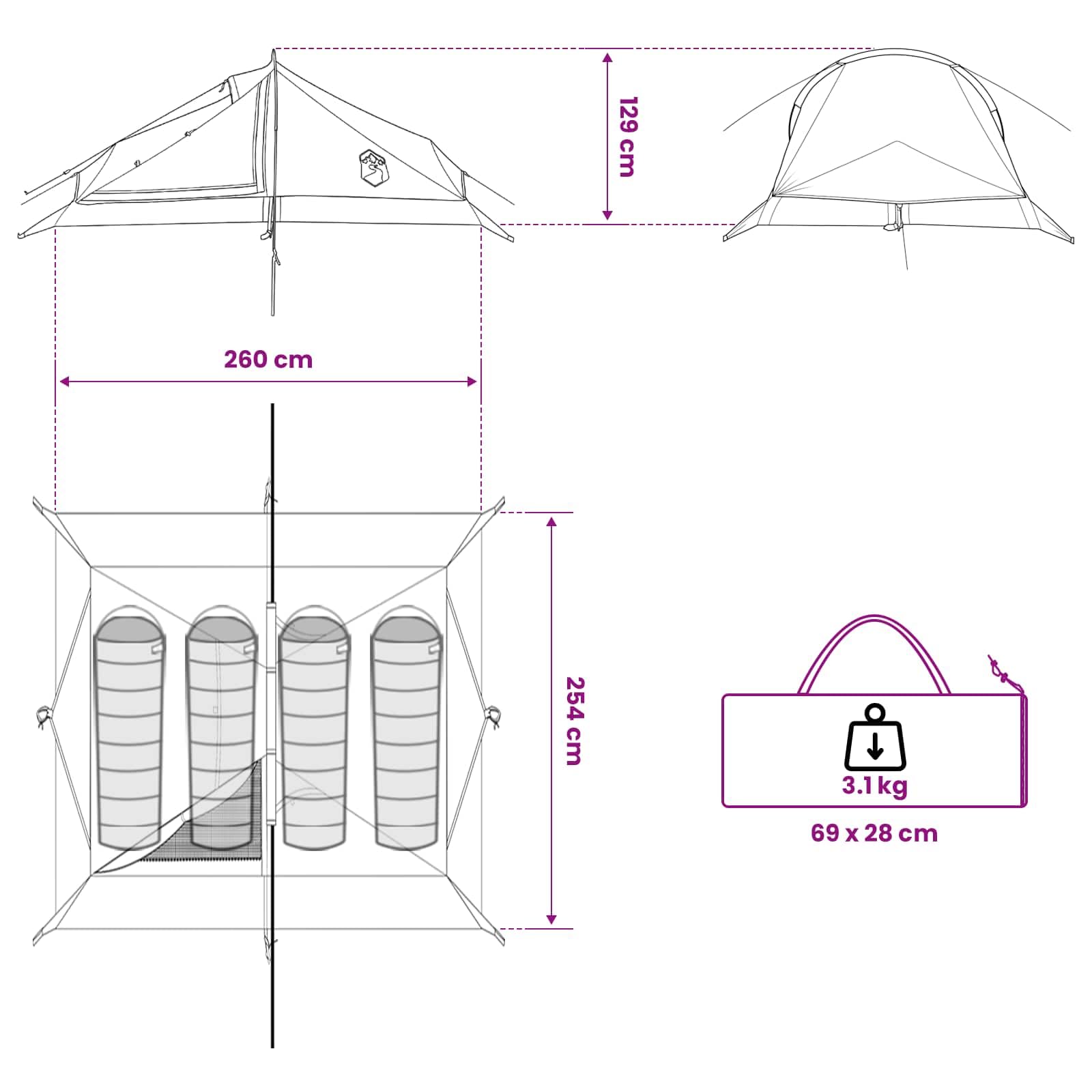Grünes 4 Personen Trekkingzelt aus 185T Polyester mit PU Beschichtung, wasserdicht und UV beständig, Kuppelzelt für Camping, Wanderung, Rucksack, Festival, leichtes Packmaß für Outdoor