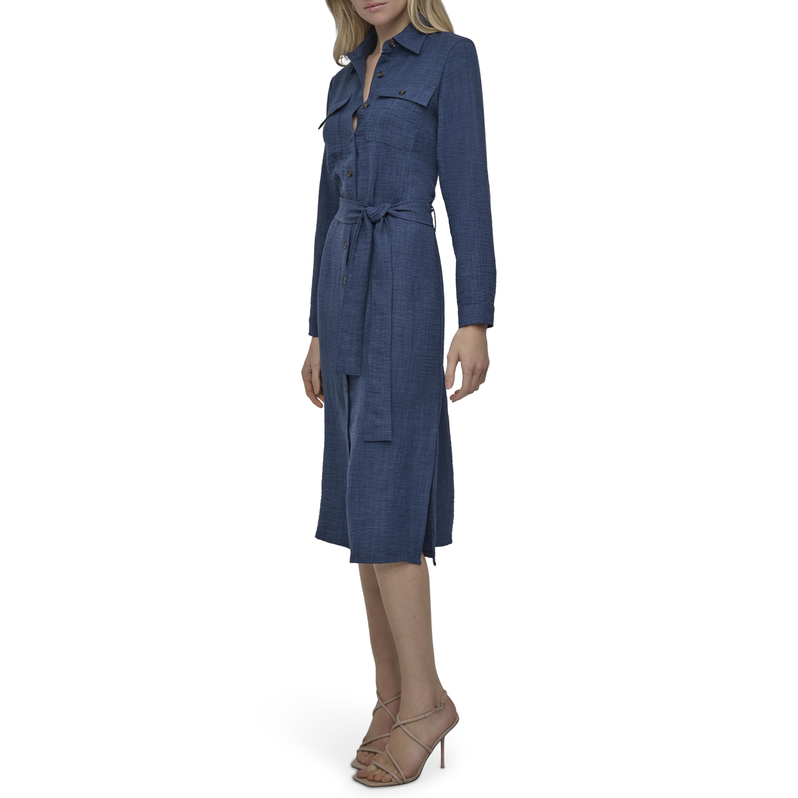 DKNY Long Sleeve Collared Tie Midi Shirtdress Vestito Donna (Pacco da 1)