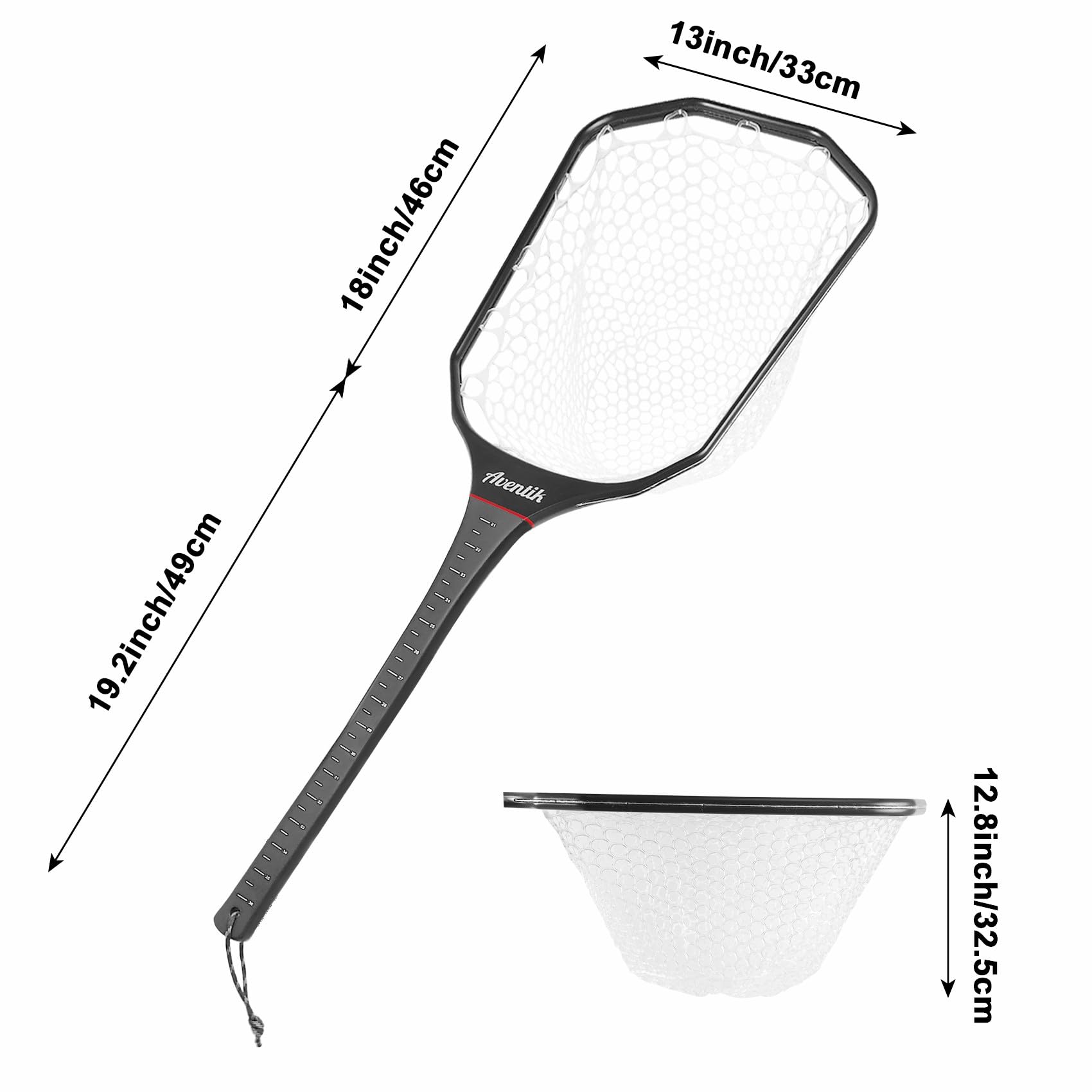 Aventik Floating Fly Fishing Net Carbon Fiber Square Landing Net with Accurate Measuring Handle Clear Rubber Ghost Mesh for Professional Trout Fishing Catch & Release