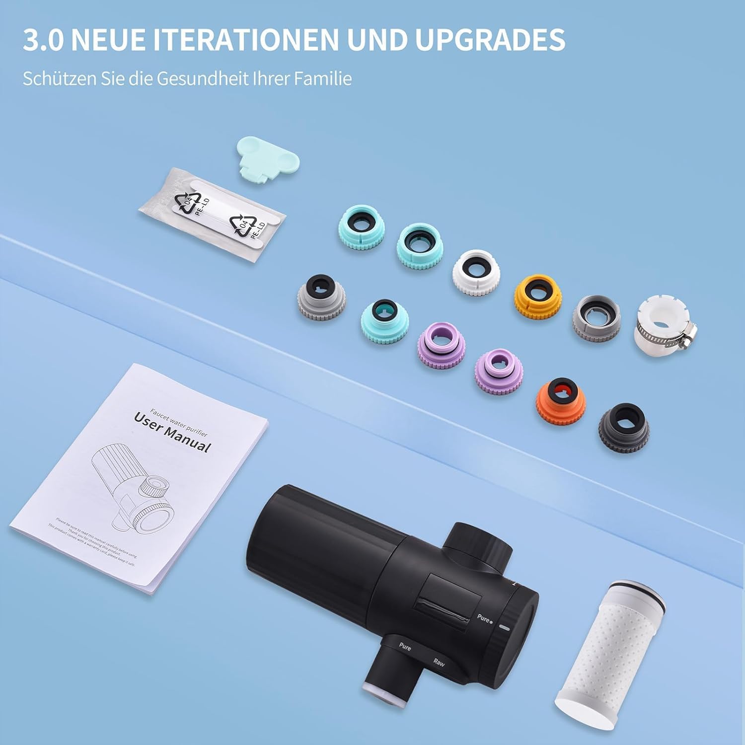 HOMELODY Wasserfilter Trinkwasser für Küche, entfernt Chlor, Schwermetalle & Kalk, verbessert den Geschmack, 12x Adapter, Blaulicht & 1 Filter enthalten, Wasserfilter Wasserhahn 3.0 mit LED-Anzeige