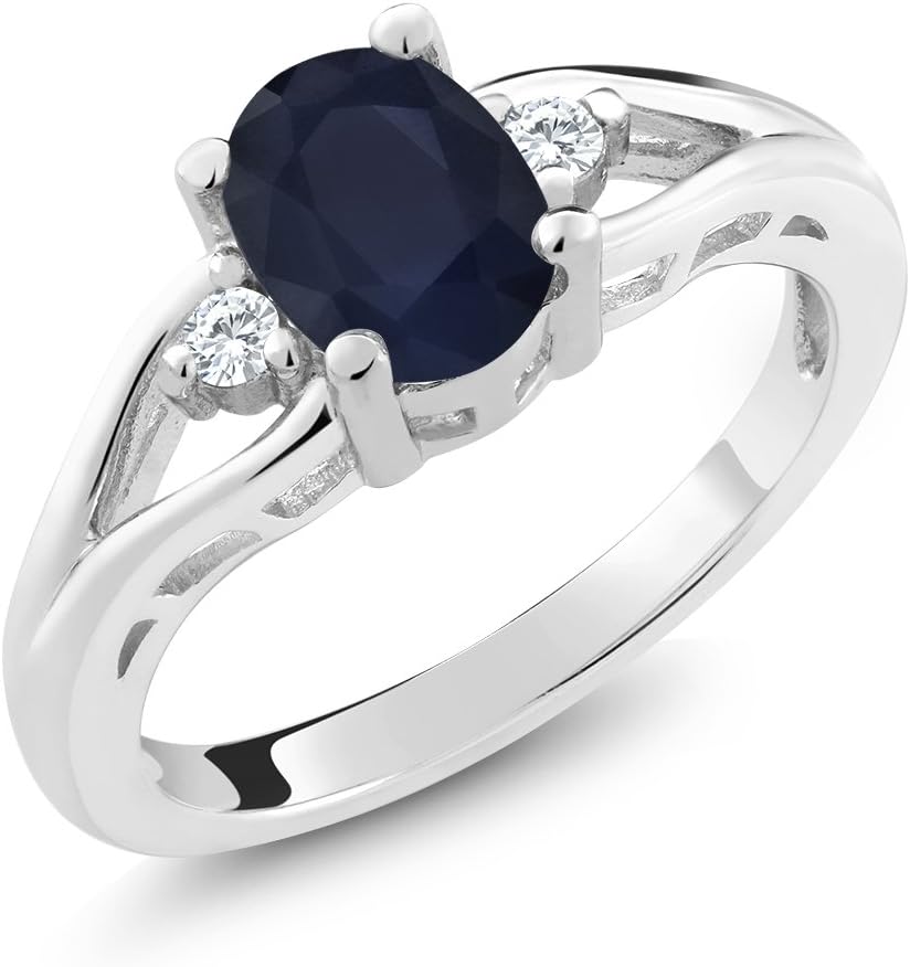 1.83 Cttw Blue Sapphire and White Created Sapphire 3-Stone Engagement Ring For Women | 925 Sterling Silver | Oval 8X6MM | Round 2MM | 3-Stone Wedding Anniversary Promise Ring