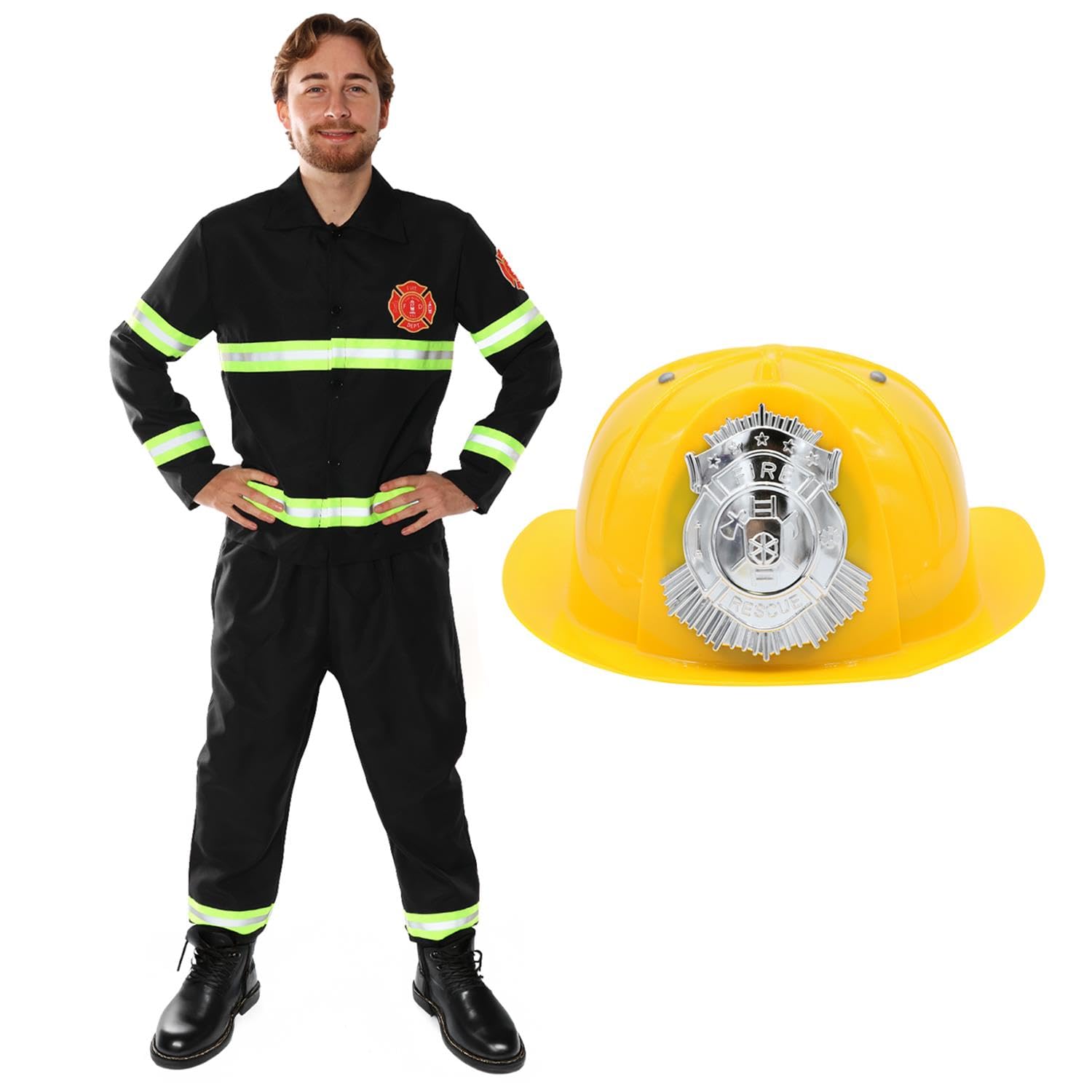 Adults Fire Fighter Costume – Mens Yellow Hat & Fireman Uniform with Reflective Detail for Fancy Dress, Funny Stag Do Outfit, Halloween & Role Play - Large