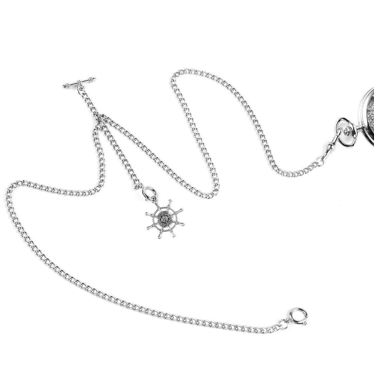 ManChDa Double Albert Chain Pocket Watch, Curb Link Chain 3 Hook Antique Plating Shield Design Fob T Bar for Men with Rudder