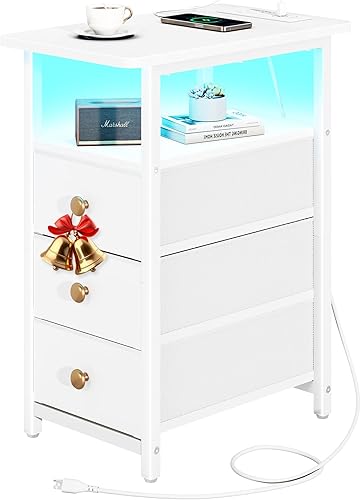 Yoobure Mesa auxiliar con estación de carga, mesa auxiliar estrecha LED, mesita de noche, mesita de noche, mesita de noche, mesita de noche delgada