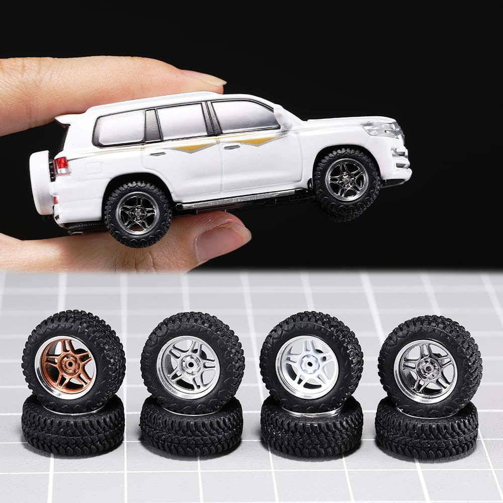 1/64 Wheels and Tires for Off-Road Vehicles,Upgraded Mainline Cast Model Car,Diameter is 0.57in,Series YE,Round Hole Spokes,4 Sets/Pack, ABS Wheels with Rubber Tires Rivet Shaft Metal Rims(YE-C)