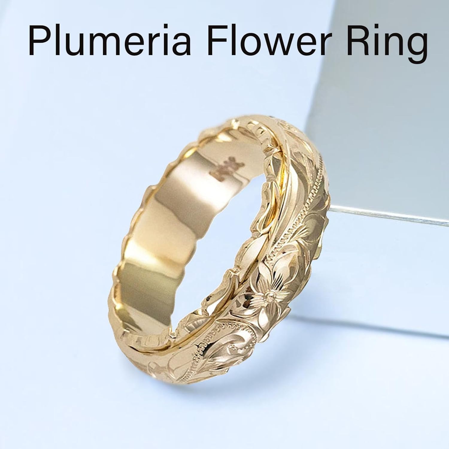 Dainty Engraved Plumeria Flower Ring, 14K Gold Plated Hawaiian Princess Plumeria Flower Scroll Promise Ring Stackable Wedding Engagement Band Jewelry for Women or Men - Image 4