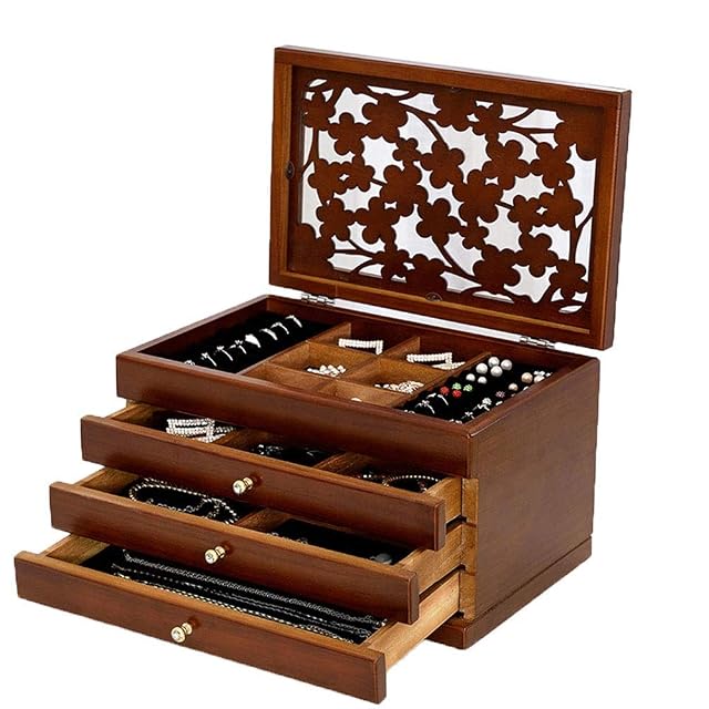 Jewelry Storage Box for Women Jewelry Box Wooden Jewelry Ring Box Four Floors High Capacity Vintage with Drawer