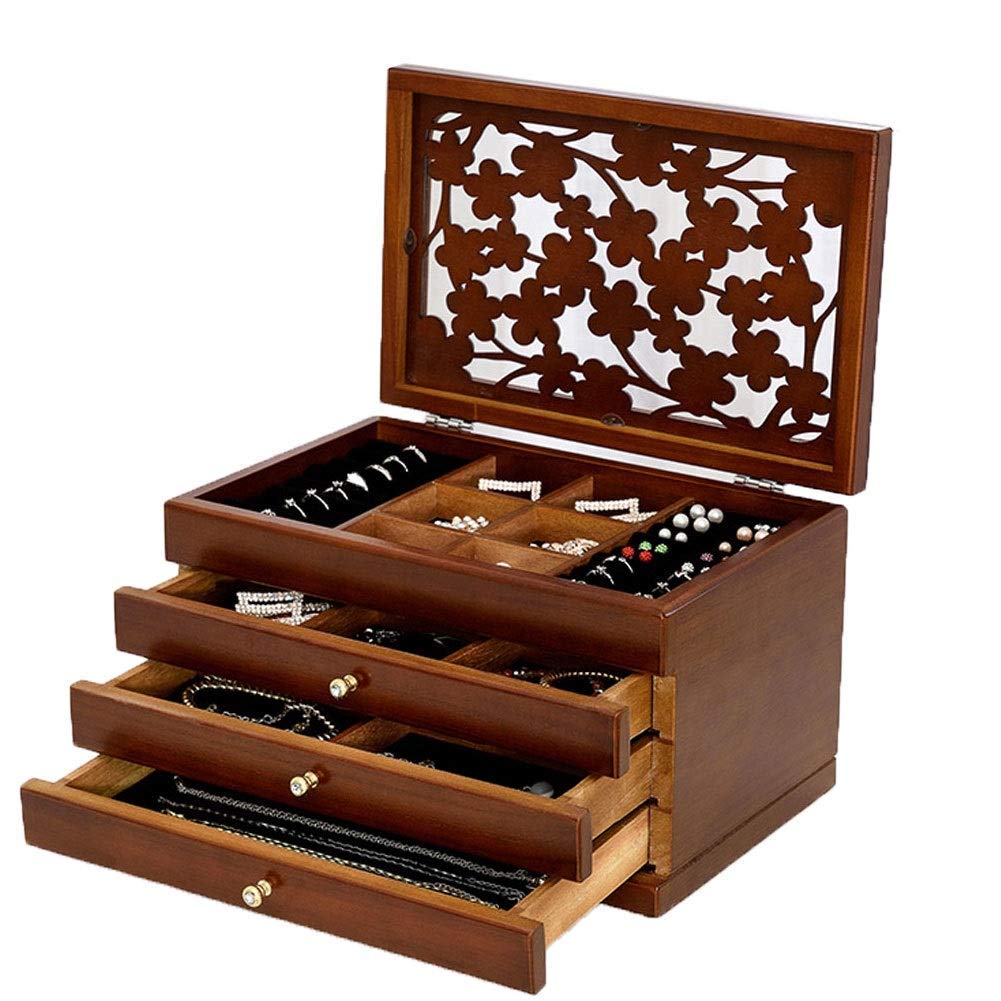 Jewelry Storage Box for Women Jewelry Box Wooden Jewelry Ring Box Four Floors High Capacity Vintage with Drawer