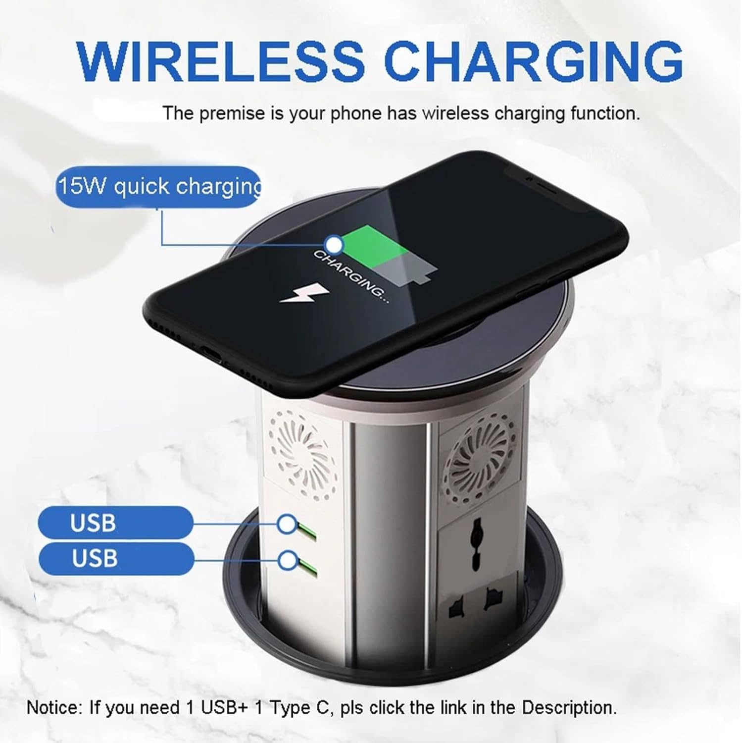 Automatyczna listwa zasilająca z wysuwaną konstrukcją, port USB, ładowanie bezprzewodowe, głośniki Bluetooth i WiFi