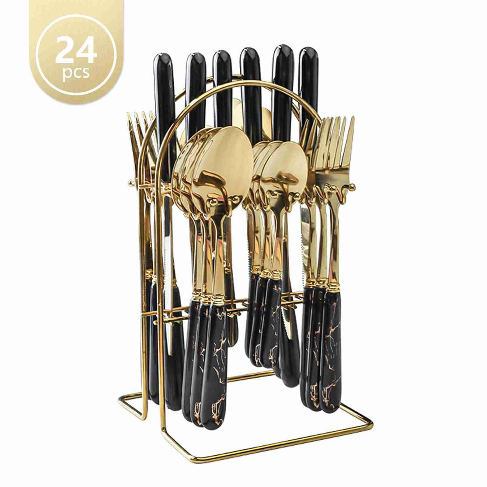 Juego de cubiertos de acero inoxidable, 24 piezas, mango negro con borde dorado, tenedores, cucharas, cuchillos, cubiertos, utensilios de metal duraderos para filetes, cenas,