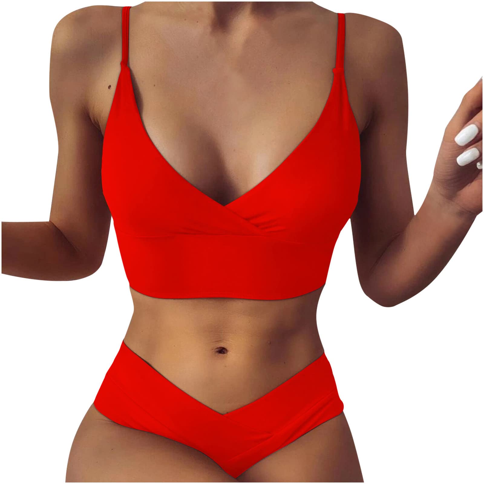 Firzero Womens String Bikini Sets Solid Two Piece Halter Ring Swimsuit Cheeky V Cut High Waisted Thong Bathing
