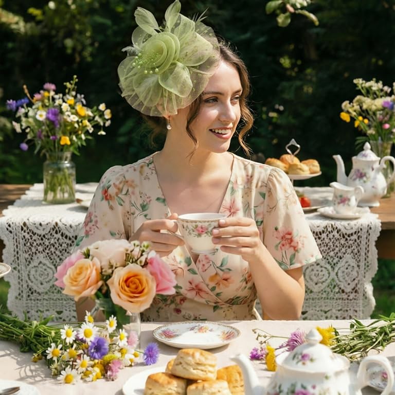 Image of DRESHOW Fascinators Hat Flower Mesh Ribbons Feathers on a Headband and a Clip Tea Party Headwear for Girls and Women