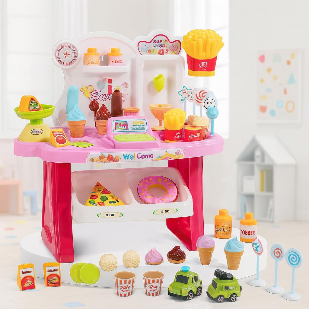 Mini Explorer Pretend Play Supermarket Set, 37-Piece Kitchen Toy with Trolley and Accessories, Ice Cream Shop Role Play Set for Kids Toy Review India (Iknoor World )