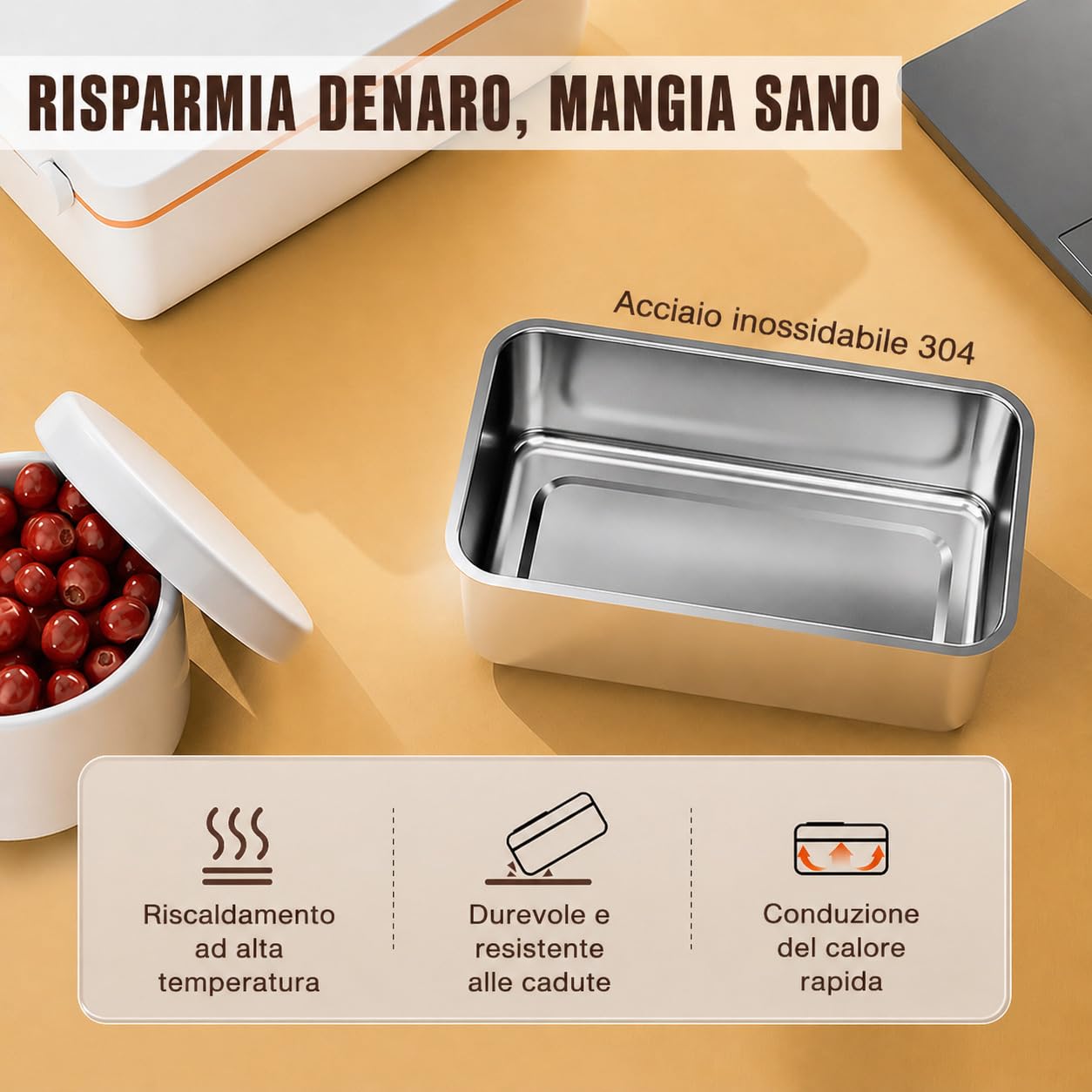 Contenitore per il pranzo elettrico, senza fili, 1 l, con batteria, 12000 mAh, riscaldabile, portatile, in acciaio inox, con display e timer, per lavoro, ufficio, auto, campeggio