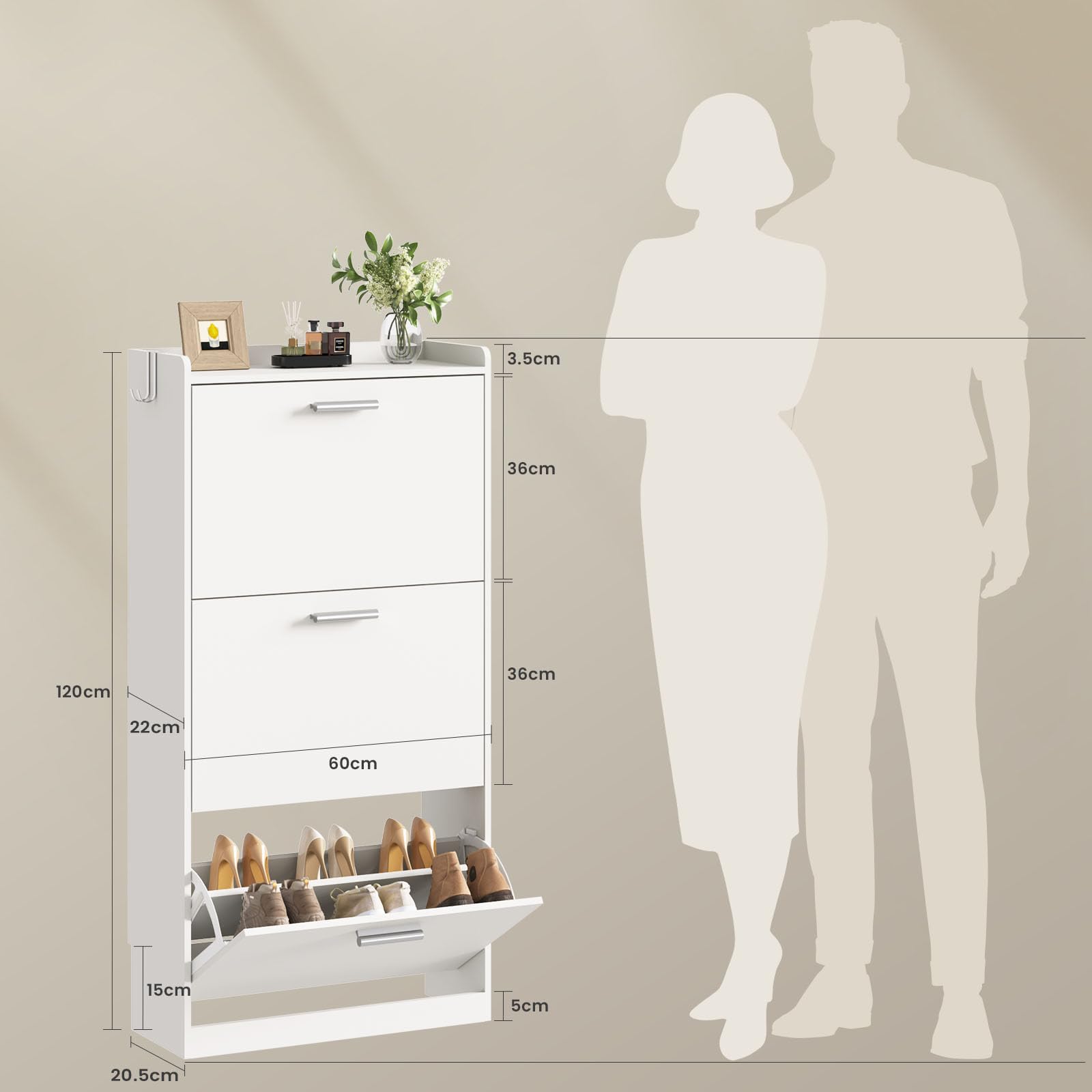 Schuhschrank mit 3 Klappen, Schuhregal mit 3 Ebenen, Schuhschrank Schmal | Trennwand Verstellbar, Perfekt für Schmale Flure, Wohnzimmer, Schlafzimmer, 60 x 22.5 x 120 cm, Weiß